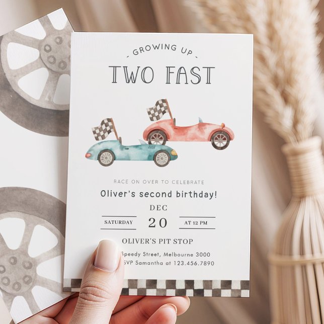 Invitación Cumpleaños de dos coches de carreras azules y rojo (Subido por el creador)