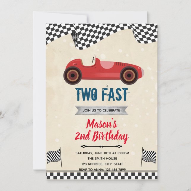 Invitación Cumpleaños de dos coches retro rápidos (Anverso)