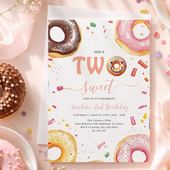 Invitación Cumpleaños de Dos Donas Dulces 2do (Two Sweet Donuts 2nd Birthday party Invitation)