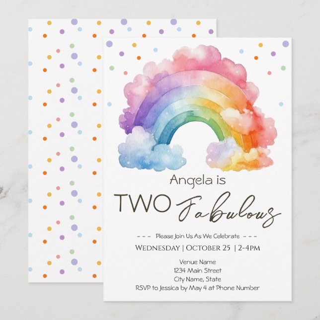Invitación Cumpleaños de dos fabulosos niños arcoíris (Anverso / Reverso)