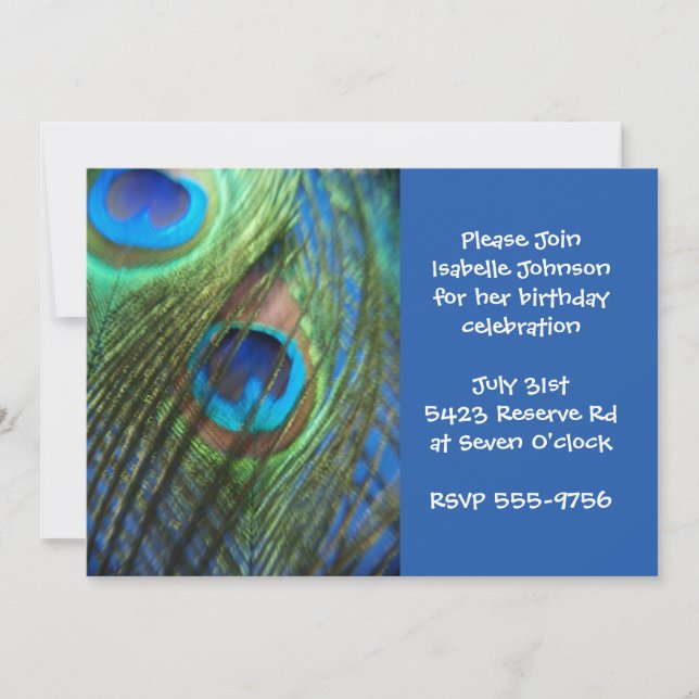Invitación Cumpleaños de dos plumas azules de pavo real (Anverso)