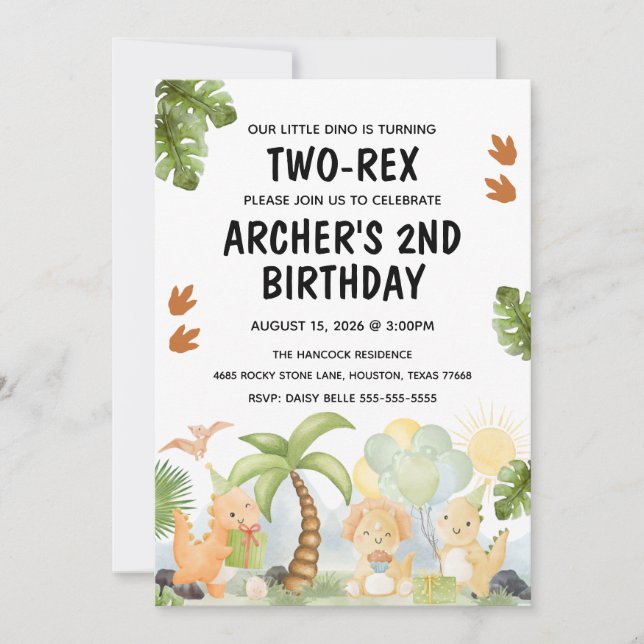 Invitación Cumpleaños de dos Rex Dinosaur (Anverso)