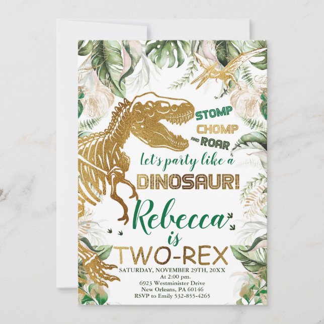 Invitación Cumpleaños de dos Rex Dinosaurios, Dino T-Rex (Anverso)