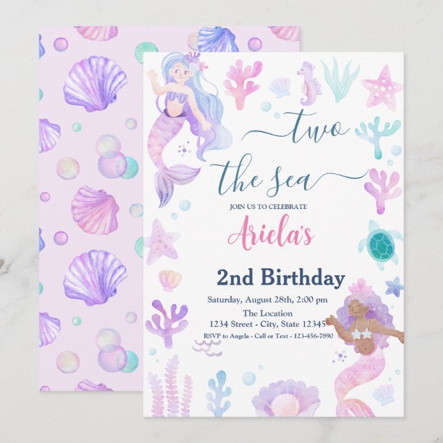 Invitación Cumpleaños de Dos Sirenas del Mar Fiesta en la Pis (Anverso / Reverso)