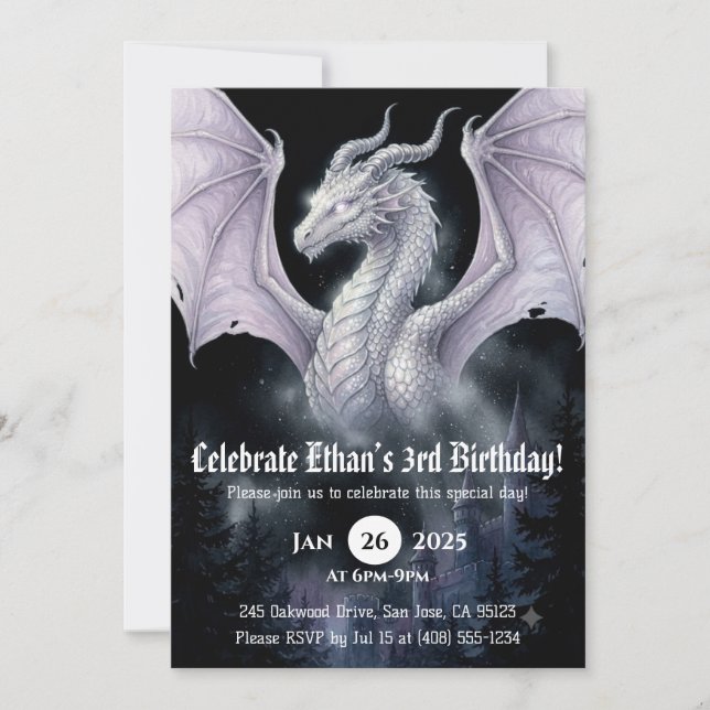 Invitación Cumpleaños de Dragón Acuarela (Anverso)