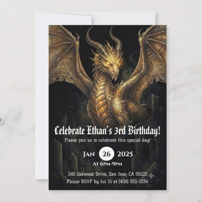 Invitación Cumpleaños de dragón acuarela (Anverso)