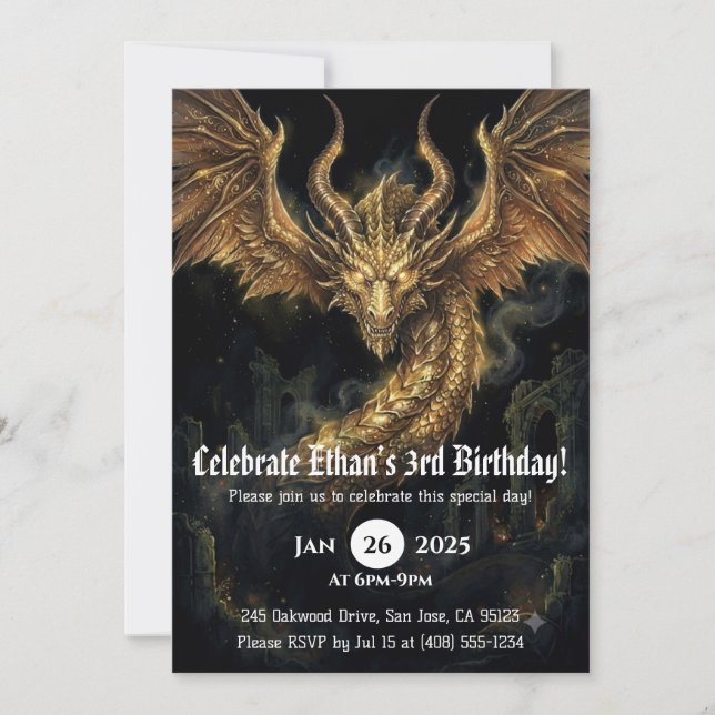 Invitación Cumpleaños de dragón acuarela (Anverso)