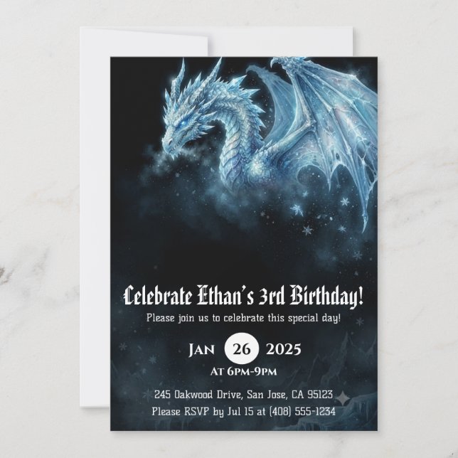 Invitación Cumpleaños de dragón acuarela (Anverso)
