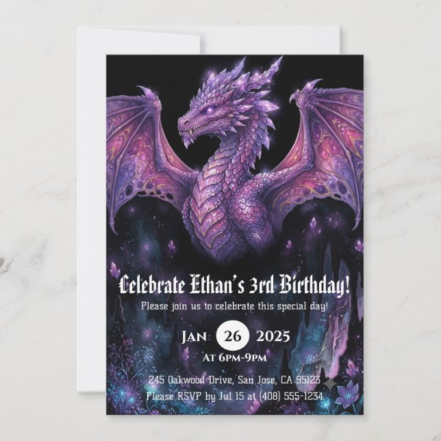 Invitación Cumpleaños de dragón acuarela (Anverso)