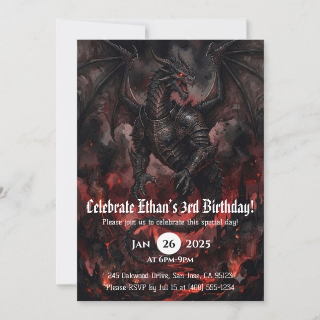 Invitación Cumpleaños de dragón acuarela (Anverso)