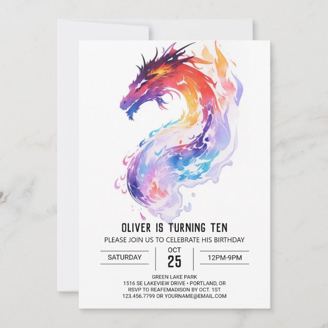 Invitación Cumpleaños de Dragon Adventure Watercolor (Anverso)