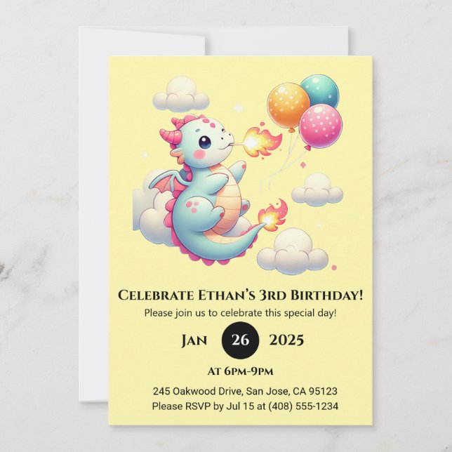 Invitación Cumpleaños de Dragón Bebé con Globos en el Cielo (Anverso)