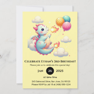 Invitación Cumpleaños de Dragón Bebé con Globos en el Cielo