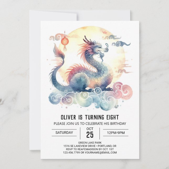 Invitación Cumpleaños de Dragon minimalista Impreso (Anverso)