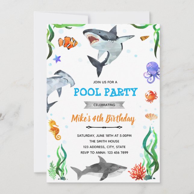 Invitación cumpleaños de ducha de tiburón bajo el mar (Anverso)