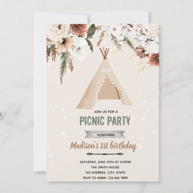 Invitación Cumpleaños de ducha tipi boho (Anverso)