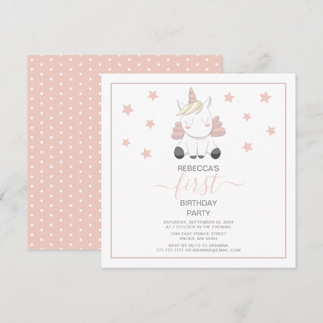 Invitación Cumpleaños de dulce unicornio y estrellas (Anverso / Reverso)