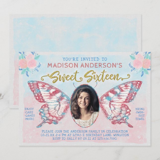 Invitación Cumpleaños de Dulces 16 | Fiesta fotográfico flora (Anverso / Reverso)
