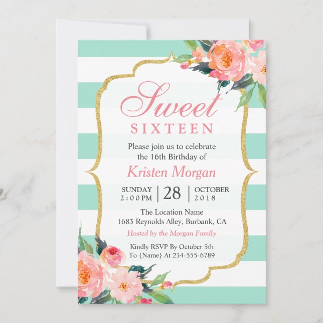 Invitación Cumpleaños de Dulces 16 | Flor rosa de franjas ver (Anverso)