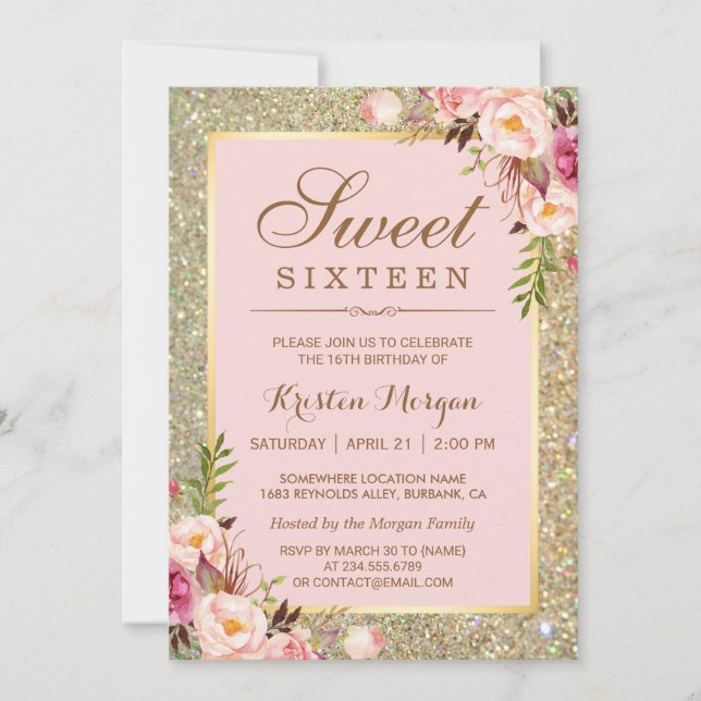 Invitación Cumpleaños de Dulces 16 | Purpurinas de Oro Floral (Anverso)