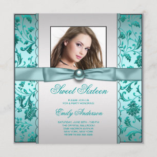 Invitación Cumpleaños de Dulces Dieciséis de Damasco Azul Tur