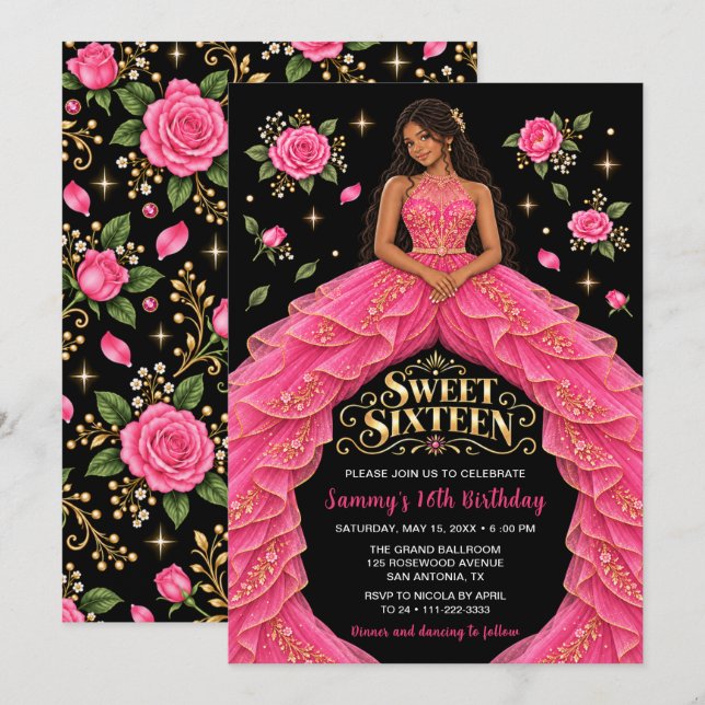Invitación Cumpleaños de Dulces Dieciséis de Rosa Fucsia (Anverso / Reverso)