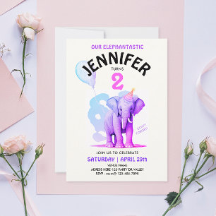Invitación Cumpleaños de Elefante Acuarela Pastel Femenino
