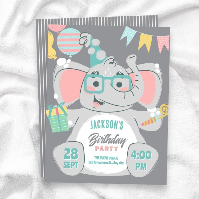 Invitación Cumpleaños de elefante adorable  (Subido por el creador)