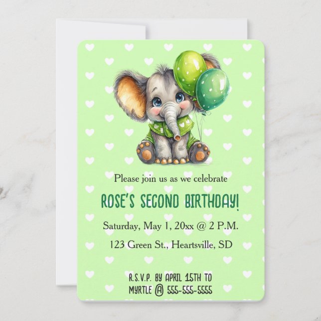 Invitación Cumpleaños de elefante editable con dos globos (Anverso)