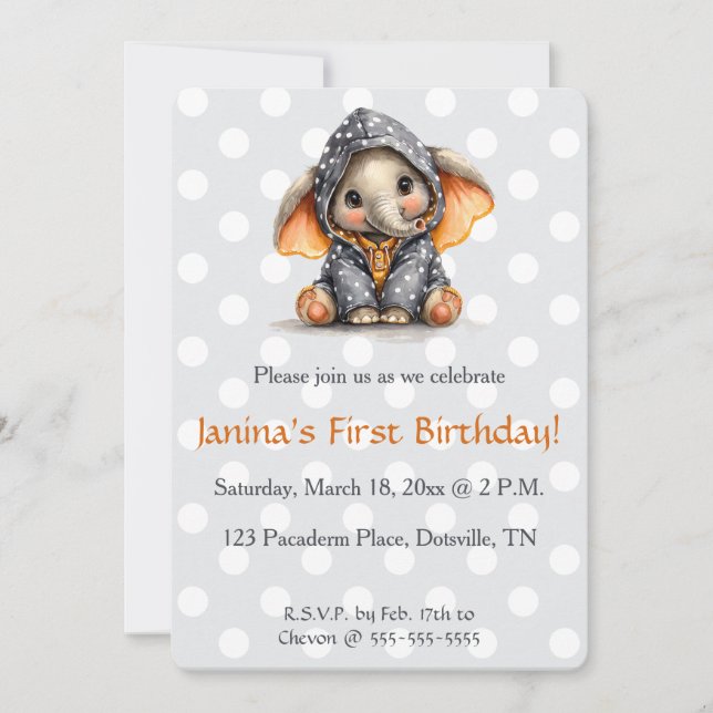 Invitación Cumpleaños de elefante editable en lunares (Anverso)