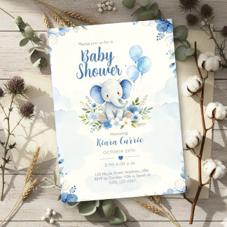 Invitación Cumpleaños de Elefante Floral Globo Azul
