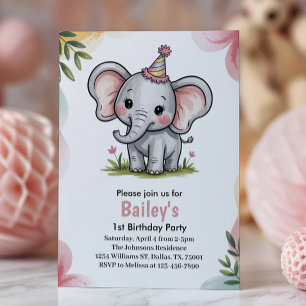 Invitación Cumpleaños de Elefante Rosa Lindo para Niños