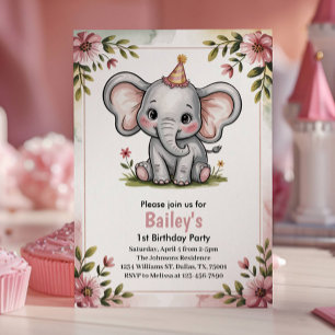 Invitación Cumpleaños de Elefante Rosa Lindo para Niños