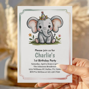 Invitación Cumpleaños de Elefante Verde Lindo para Niños