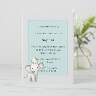 Invitación Cumpleaños de elefante y pájaro gris azul