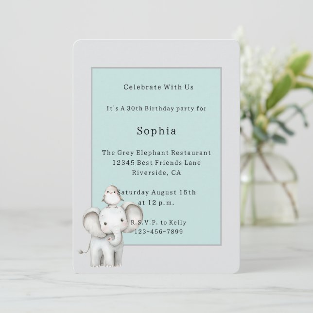 Invitación Cumpleaños de elefante y pájaro gris azul (Anverso de pie)
