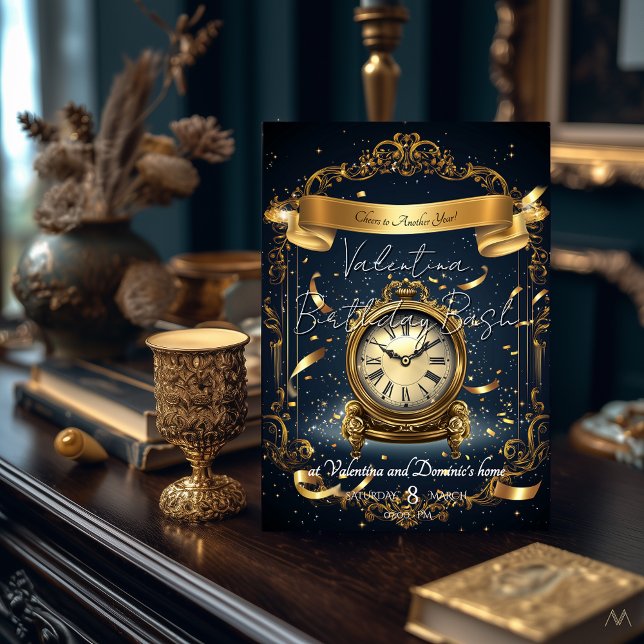 Invitación Cumpleaños de Elegancia Atemporal | Reloj de Oro y (Subido por el creador)
