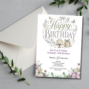 Invitación Cumpleaños de Ella con Florales de Acuarela Morado