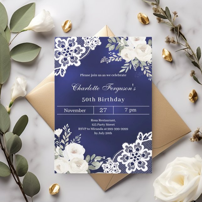 Invitación cumpleaños de encaje de rosas blancas azules de la (Subido por el creador)