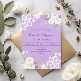 Invitación cumpleaños de encaje de rosas blancas de lavanda