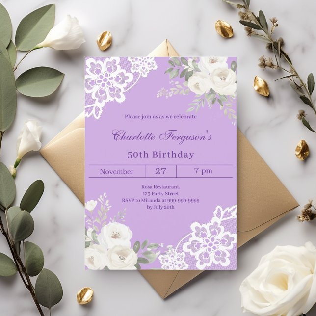 Invitación cumpleaños de encaje de rosas blancas de lavanda (Subido por el creador)