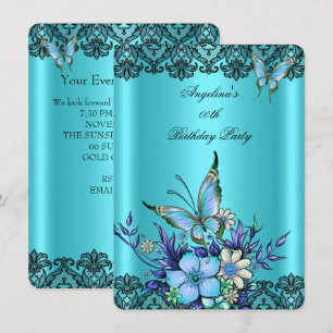 Invitación Cumpleaños de encaje negro floral mariposa azul tu
