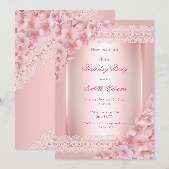 Invitación Cumpleaños de encaje rosa sonrosado floral bonito (Anverso / Reverso)