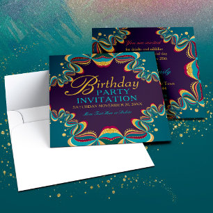 Invitación Cumpleaños de encaje tribal bohemio burgundy azul