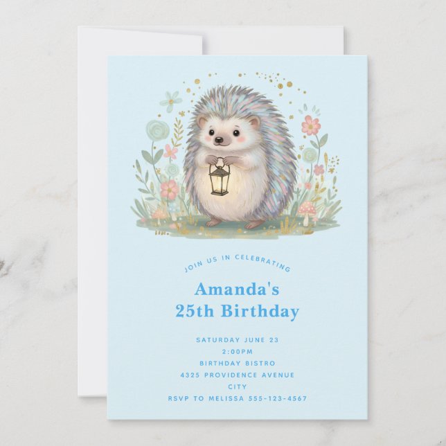 Invitación Cumpleaños de erizo lindo con linterna (Anverso)