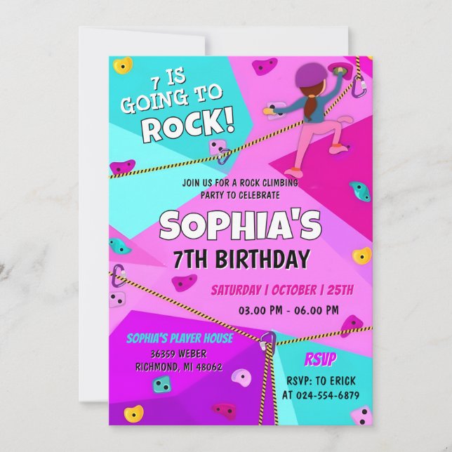Invitación Cumpleaños de escalada de rock rosado personal (Anverso)
