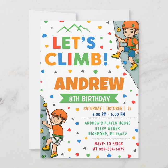 Invitación Cumpleaños de Escalada en Roca Personal (Anverso)