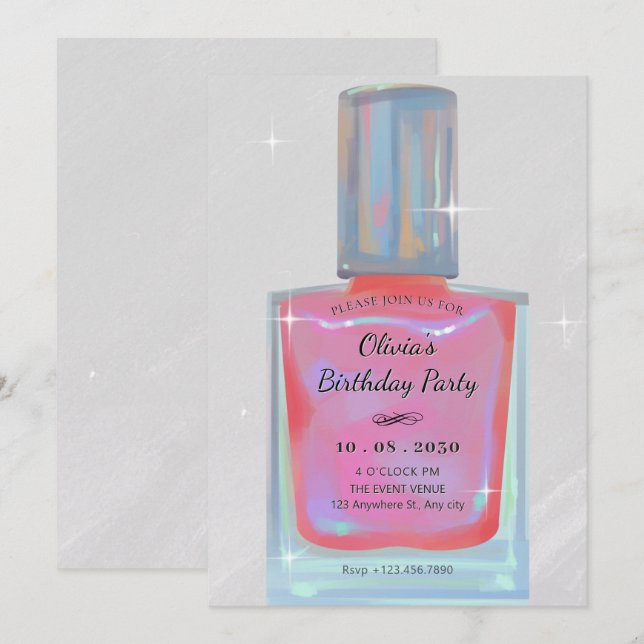 Invitación Cumpleaños de esmalte de uñas de glamour rosa (Anverso / Reverso)