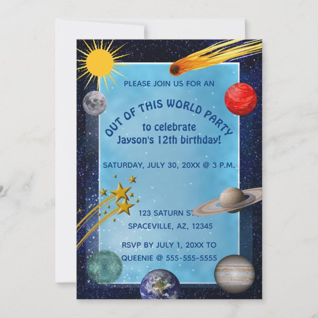 Invitación Cumpleaños de Espacio Exterior Editable (Anverso)