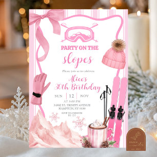 Invitación Cumpleaños de esquí pastel rosa coquette de invier